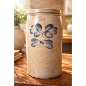 Antique Peter Hermann Baltimore Double Clover Salt Glazed Stoneware Crock 1.5gal